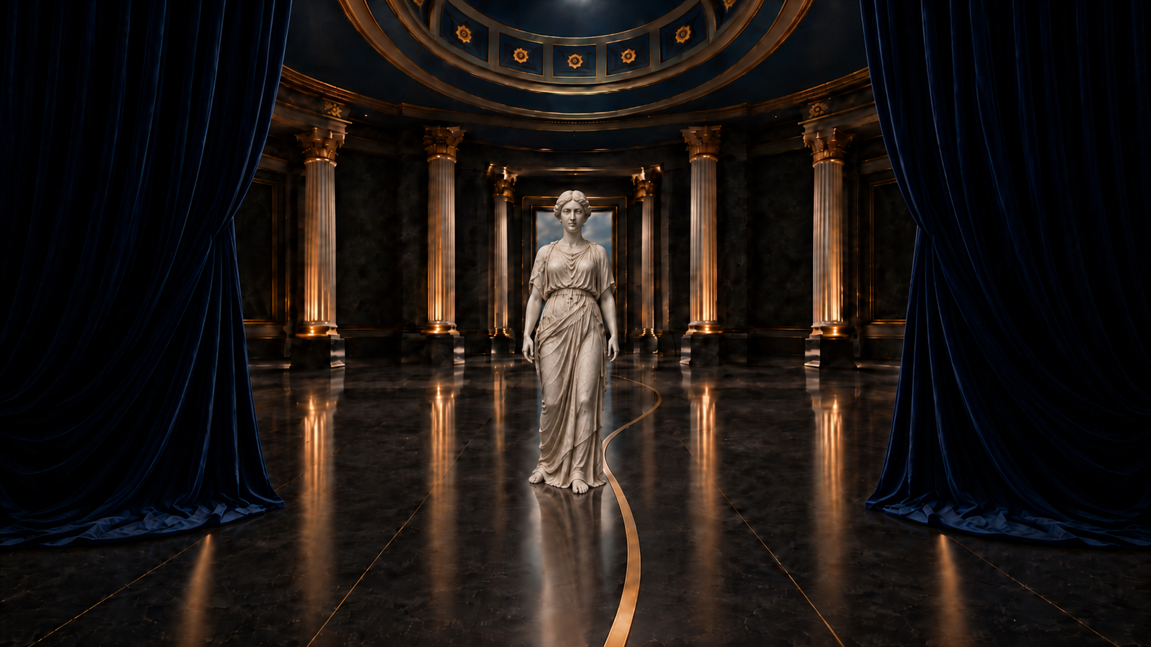 Alethia standing in a grand ceremonial hall